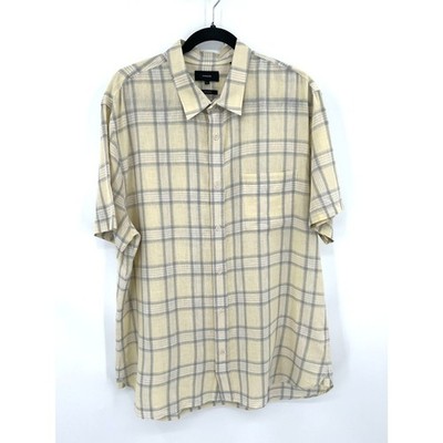 VINCE Yellow Gray Plaid Classic Fit Linen Cotton Short Sleeve Button Up Shirt XL