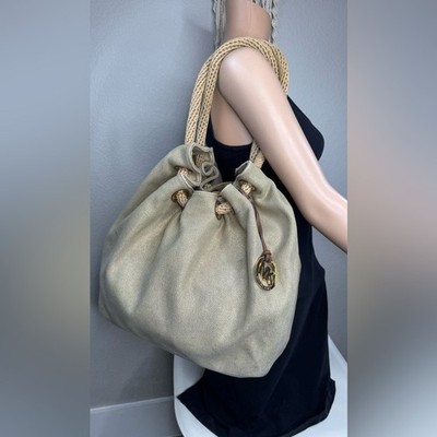 Michael Kors Canvas & Leather Drawstring Bucket Bag Beige/Tan Shoulder Tote
