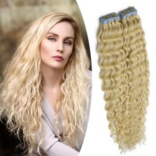 Invisible Tape in Human Hair Extensions SkinWeft Remy Hair Curly Blonde18in40pcs