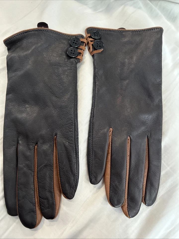 Guantes para mujer vintage LAUREN Ralph Lauren de cuero negro marrón talla X-grande Foto 3 de 4