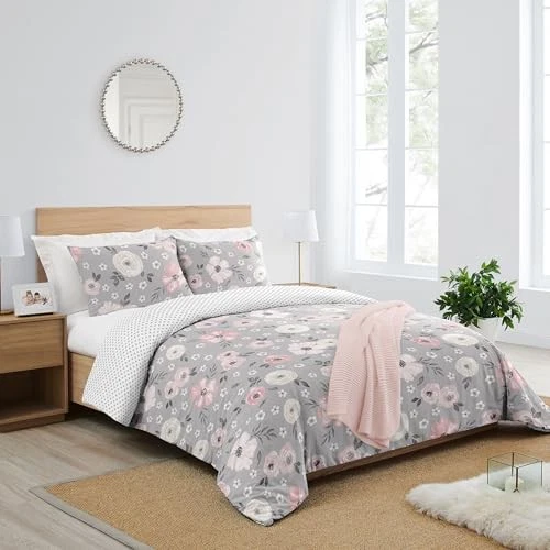  Juego de edredón de ropa de cama floral para niña tamaño completo/queen acuarela gris Foto 3 de 4