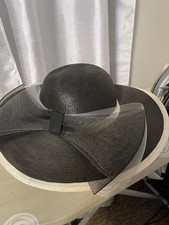 Vintage early to mid 1980  s5th Ave. black straw wide brim hat Large Chiffon Bow