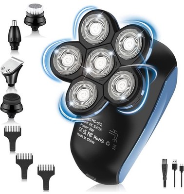 CFEN Elektrischer Bartrasierer 5 in 1 rotierende Köpfe Glatzenrasierer Wet & Dry