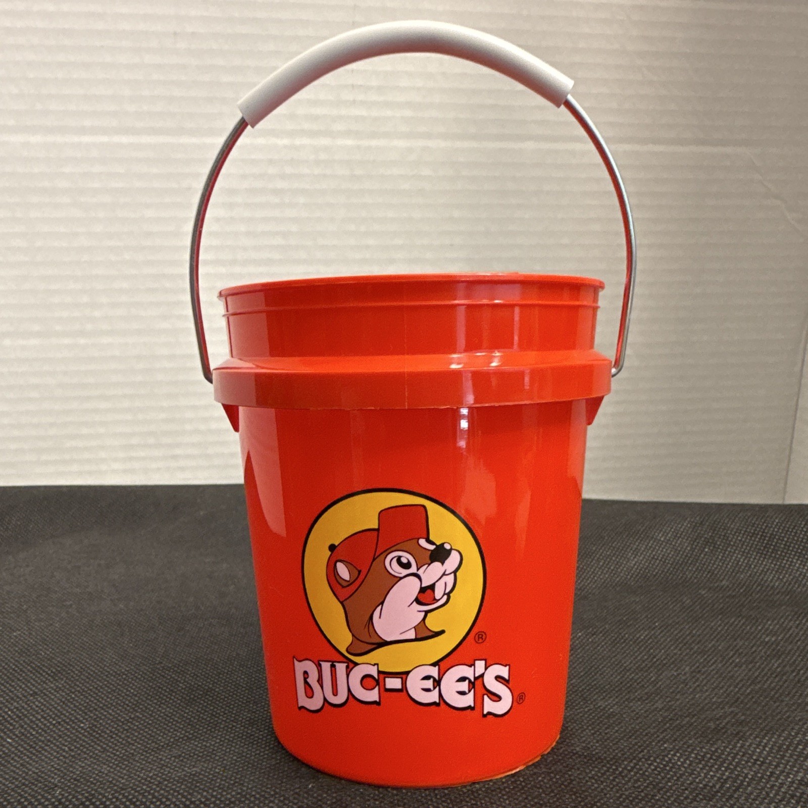 Buc-ee's Red Plastic Bucket with Handle, Logo - Yellow White Black Accents