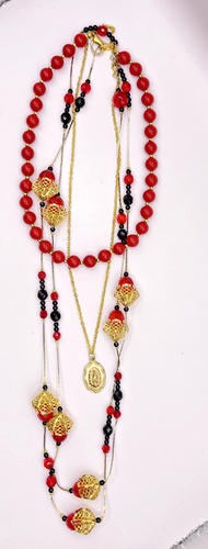3 Gold Plated Stackable Red Gold Black Virgin Mary Rosary Necklaces 16" 20" 48" - Picture 8 of 8