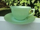 FIRE KING JADEITE JANE RAY CUP AND SAUCER WITH LOGOS