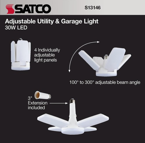 Satco S13146 Adjustable Multi-Beam LED Utility and Garage Ceiling Light, White, - Picture 2 of 6