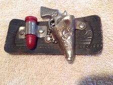 Vintage Toy Pistol In Leather Holster With Wood Bullet