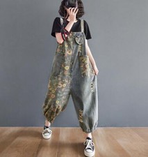 Women Floral Printed Denim Dungarees Jumpsuit Ethnic Jeans Trousers Pants