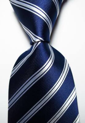 New Classic Striped Dark Blue White JACQUARD WOVEN 100% Silk Men's Tie Necktie