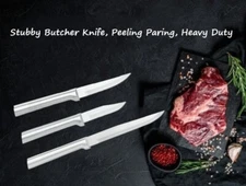 Rada 3 Pc Set Stubby Butcher Knife, Peeling Paring, & Heavy Duty (Silver Handle)