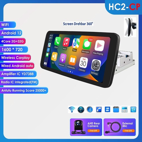 Single 1DIN Rotatable CarPlay 10.33" Android 12 Touch Screen Car Radio GPS 2+32G