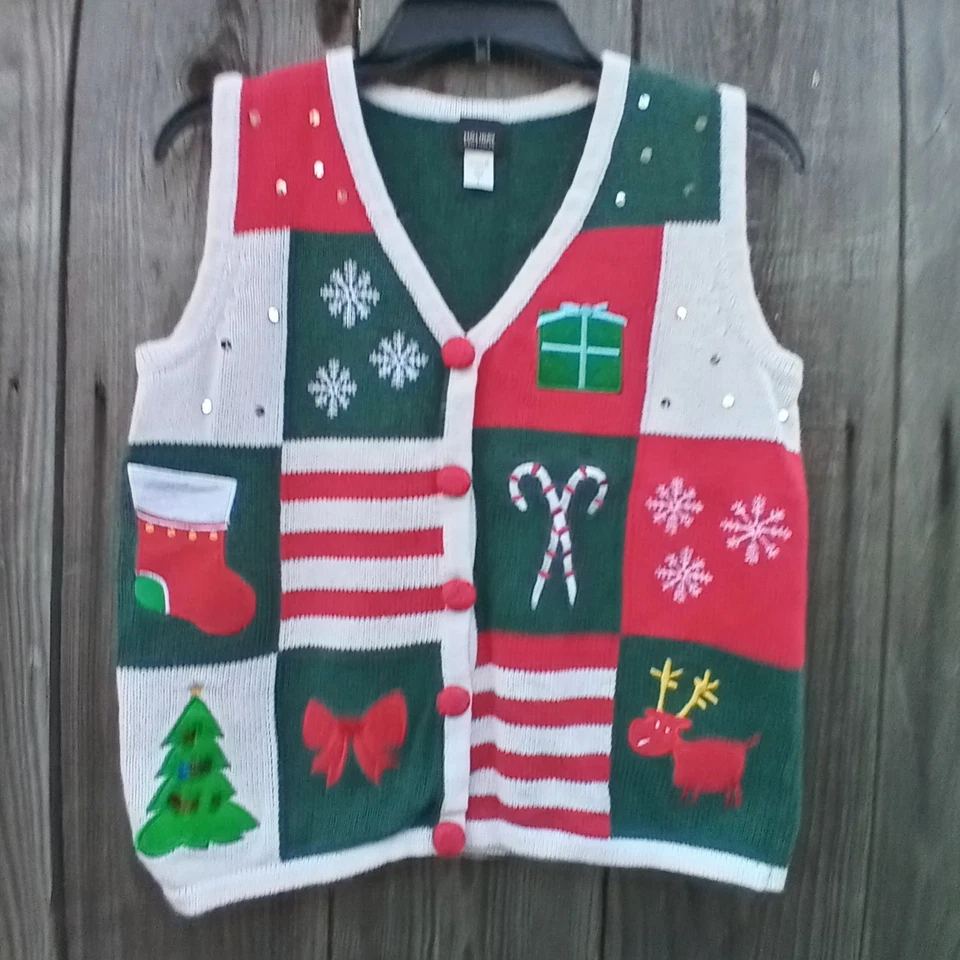 HOLIDAY EDITIONS VEST UGLY SWAETER WOMEN SZ S GREEN COLOR BLOCK V NECK STRETCH - Image 3 of 4