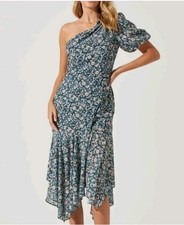 ASTR The Label SANTORINI Chiffon BLUE FLORAL Puffy ONE SHOULDER Midi DRESS Small
