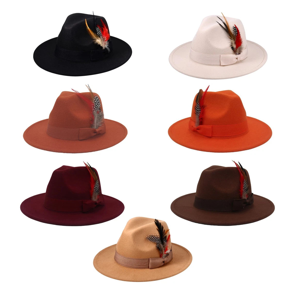 Hombres Mujeres Pluma Fieltro Derby Fedora Retro Ala Ancha Panamá Trilby Templo Sombrero