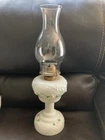 Antique DITHRIDGE Versailles Milk Glass OIL LAMP, Pink Roses, Leaves, Blue Trim