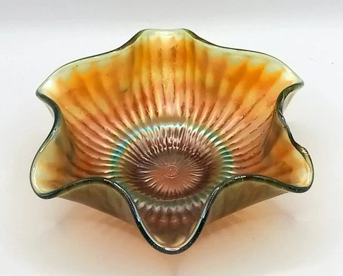 Vintage Marigold and Purple Ribbed Carnival Glass Ruffled Bowl, 5 7/8"
