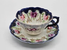 Antique 1900s Nippon Japan Teacup & Saucer Cobalt Blue Purple Pink Roses Gilded