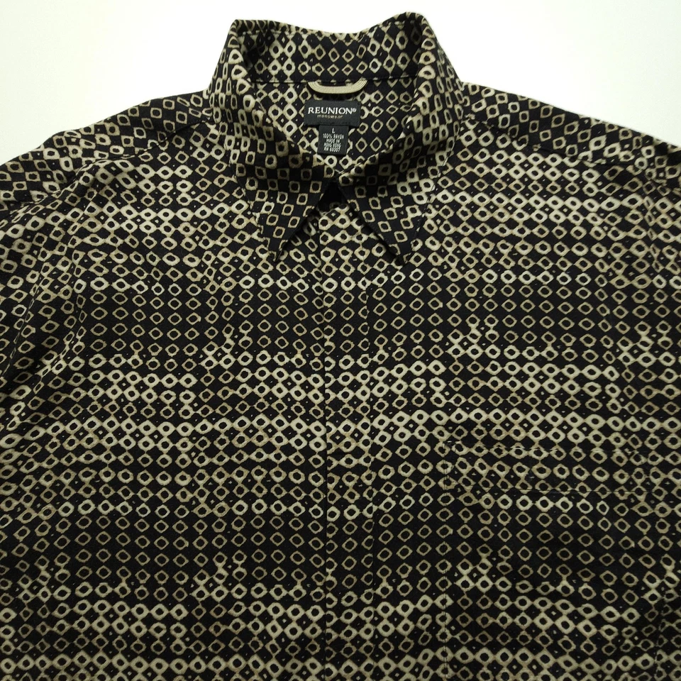VTG Reunion Shirt Mens Large Brown Geometric Diamond Pure Rayon Disco Hong Kong - Image 4 of 4