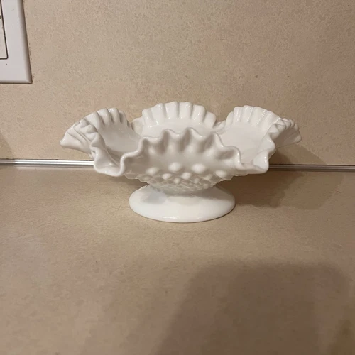 Vintage Milk Glass Hobnail Pedestal Bowl / Compote Mid Century Pressed Glass