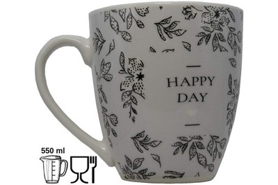Jumbo Tasse XXL 550 ml ''HAPPAY DAY'' hellgrau mit schwarzen Blattumrisse