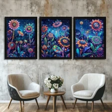 Psychedelic Wall Art Floral Set Of 3 Prints Colourful Flower Modern Art Print 