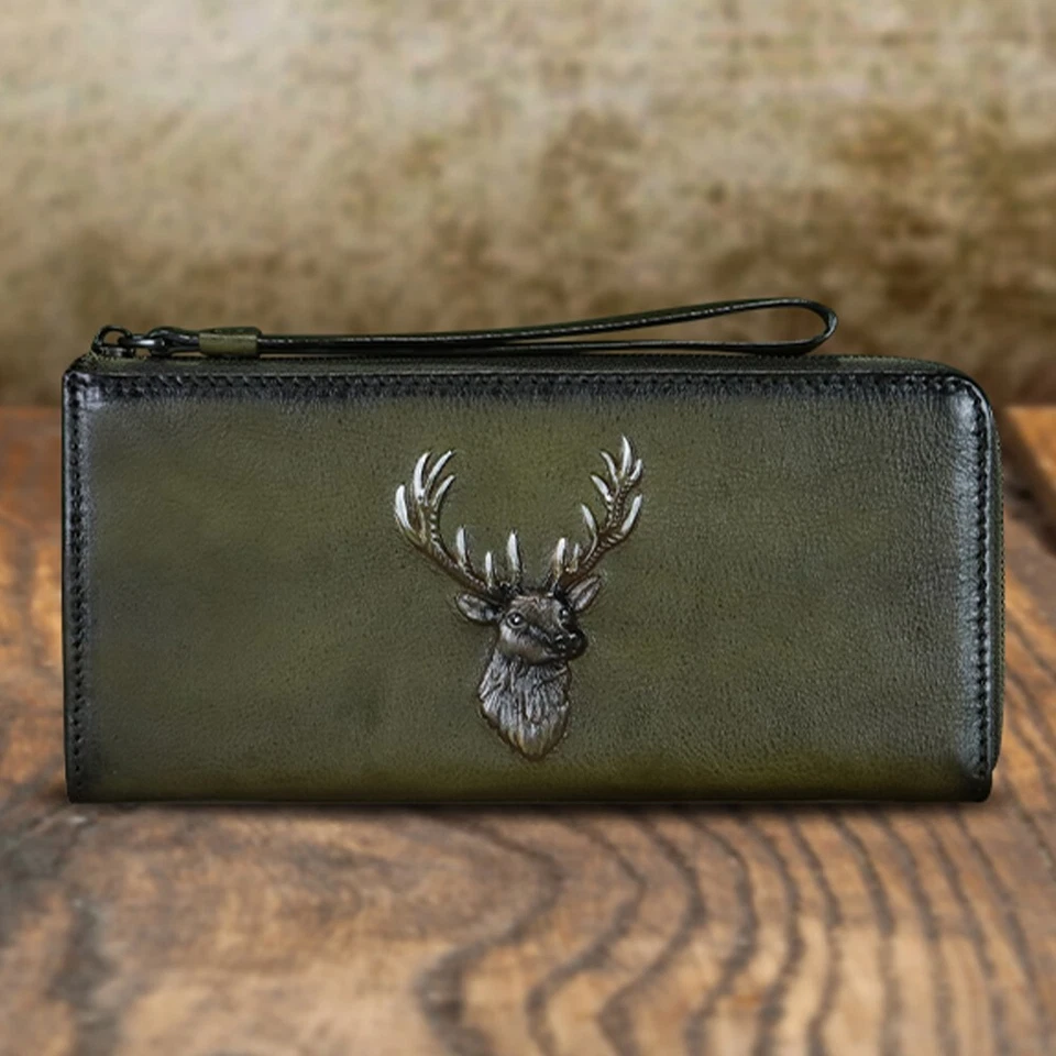 Cartera de Cuero Genuino Mujeres y Hombres Muñequera Cremallera Cartera Monedero Portatarjetas de Dinero Foto 4 de 4