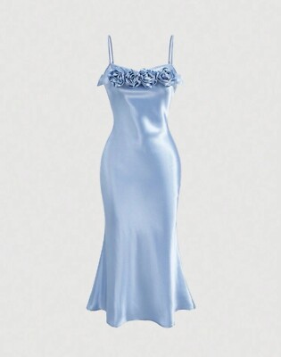 3D Rosette Shein Satin Cami Blue bridesmaid Prom dress Size Large 10 NWOT 