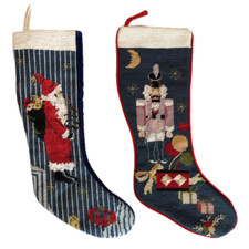 22" Santa and Nutcracker Vintage Needlepoint Christmas Stockings - Set of 2