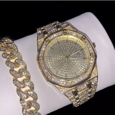 Herren Luxus Bling vergoldet Diamant Designer Iced Uhr & Armband Set