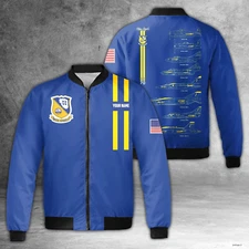 Custom Name US Navy Blue Angels Chronology 70th Blue Print Fleece Bomber Jacket