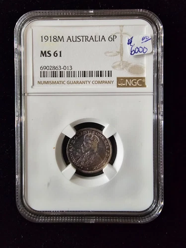 ~RARE~ 1918 M Australia Silver 6 Pence Coin NGC MS 61 -Toned
