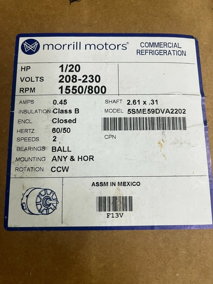 Motor de refrigeración Morrill ECM - 5SME59DVA2202 - 1/20 HP 208-230V 1550/800 RPM Foto 2 de 2
