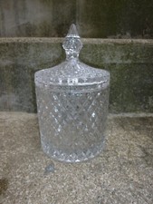 Ancien Bocal en Verre Strié Pot à Couvercle Bonbons Coton..