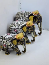 Elephant Figure Wood Hand carved Statue Beautiful Hand artwork black & silver