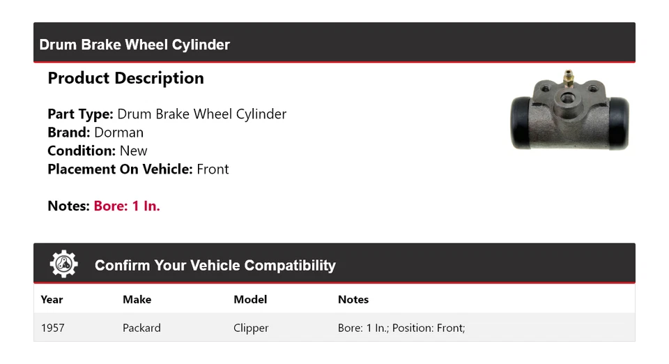 适用于 1957 Packard Clipper Dorman 鼓制动轮气缸前 — 第 2/3 张图片