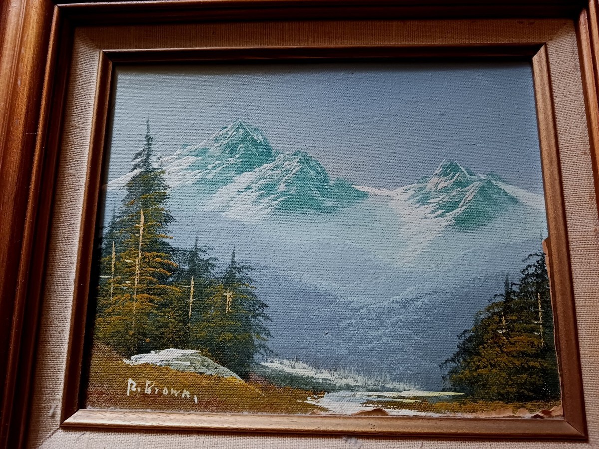 VINTAGE OIL PAINTING R BROWN MOUNTAINS SCENE OIL PAINTING