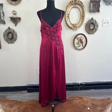 Vintage Slip Dress Nightgown No Size Tag Burgundy Satin Floral Lace Maxi