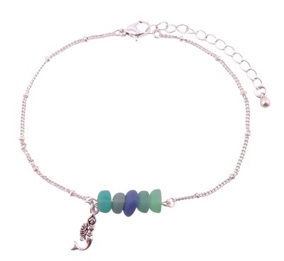 Rain Faux Sea Glass with Mermaid Charm Silvertone Ankle Bracelet Anklet NWT