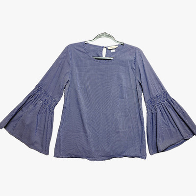 Solitaire Blouse Top Womens Medium Blue Bell Sleeve Stripe Bohemian 