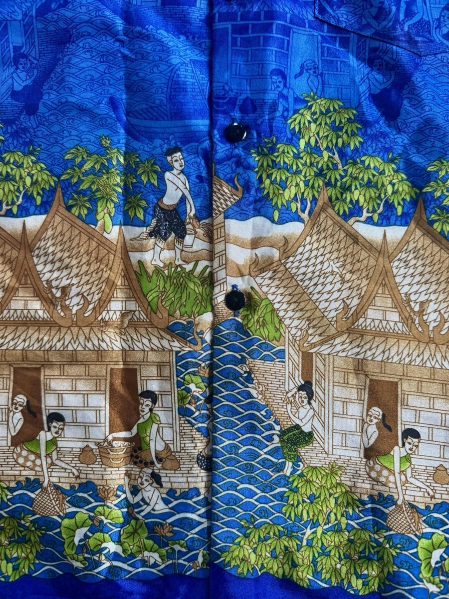 Thai Silk Collection Siew Chang Huat Blue Village Print Vintage Shirt Mens M View 5