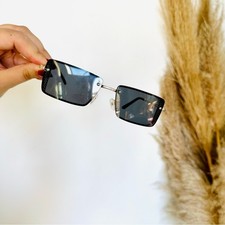 VINTAGE Y2K 90s Gold Metal Square Black Mini Etched Sunglasses Unisex Sunnies