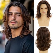 Mens Brown Wig Short Middle Part Natural Layered Wig for Daily Halloween Cosplay