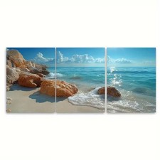 3pcs Sparkling Water Over Rocks on Sandy Shore Wall Art Canvas Unframed/Framed