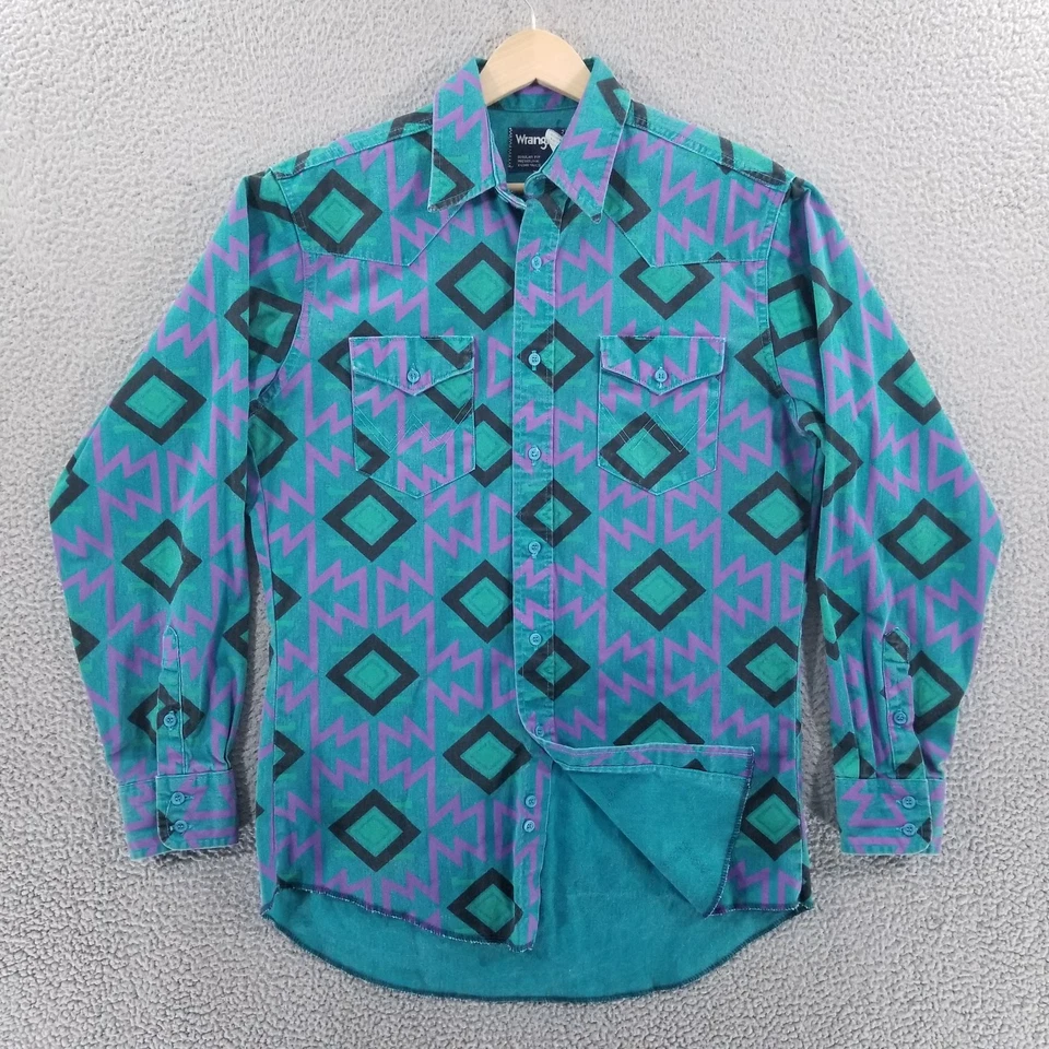 Vtg Wrangler Brushpopper 15.5 Teal Purple Aztec Rodeo Cowboy Western Southwest - Image 2 of 4