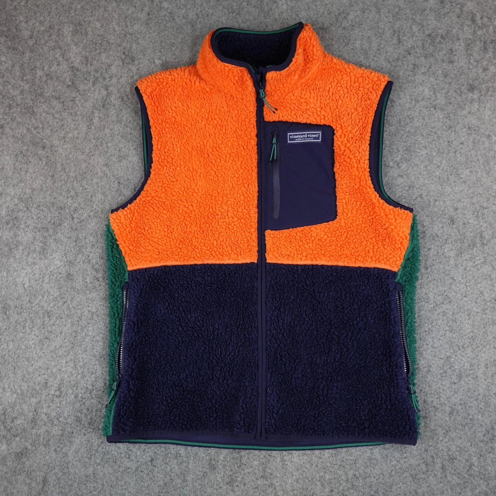 Vineyard Vines Vest Mens Medium Orange Green Navy Sherpa Fleece Gorpcore Hiking