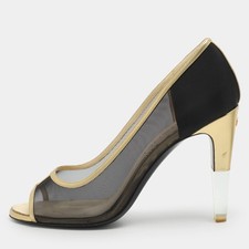 Chanel CC Size 37.5 BlackGold Leather and Mesh Peep Toe Pumps