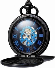Mechanical Roman Numerals Dial Skeleton Pocket Watch with Chain Black Blue