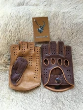 Fingerless Driving Leather Gloves Deerskin Men's car glove Cognac Tan