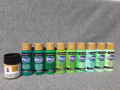 DecoArt Americana 10er SET Grün Töne Acrylfarbe  + Marabu Colorado Gold